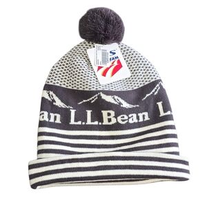 L.L. Bean Adult Striped Pom-Pom Beanie Mountain Scene NWT